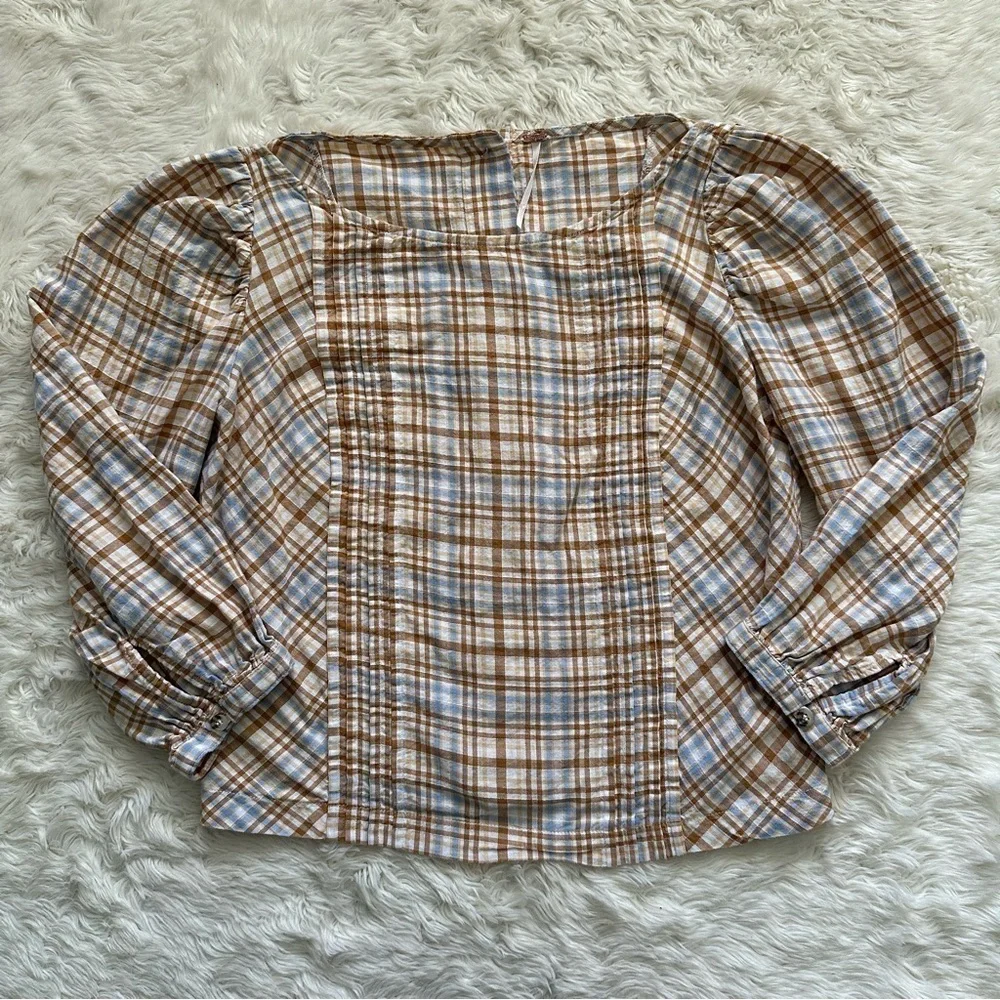 Free People Top Button Back Puff Sleeve Plaid Tan Blue S
